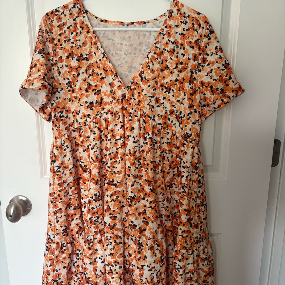 Floral V-Neck Dress in Orange and Black